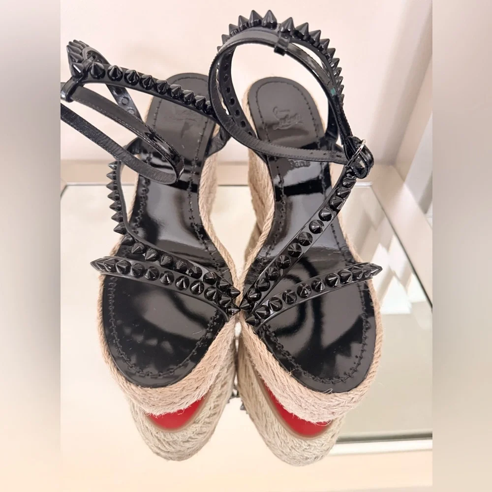 Christian Louboutin Mafaldina Wedge Espadrille Sandals Black/Tan Size 38 New - Picture 7 of 11